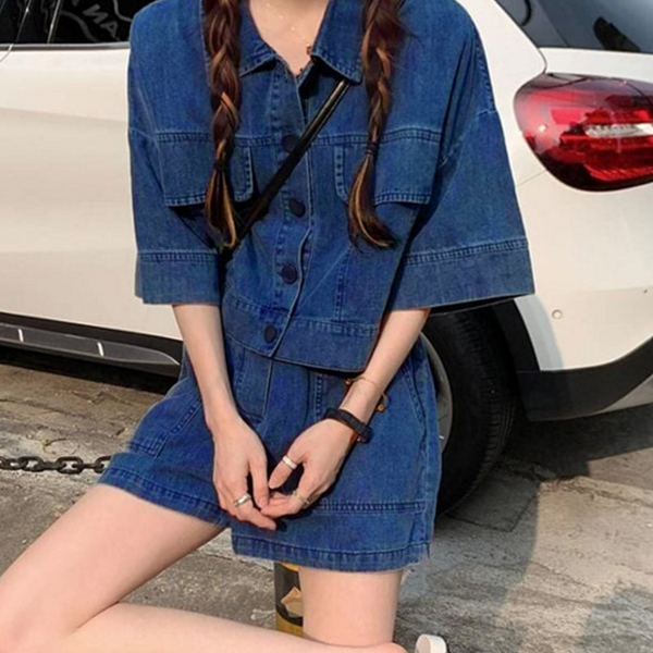 반바지 여성 데님 투피스 상하복 여성 반팔 셋업 세트 여름 - 상품 이미지