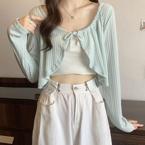 루즈핏 여성 크롭 가디건 스트링 여성 볼레로 가디건 시스루 데일리 - 상품 이미지