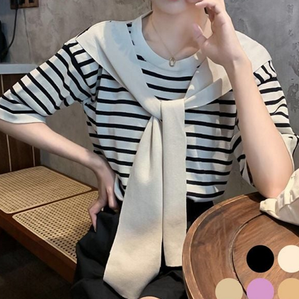 캐주얼 여성 스트라이프 티셔츠 페이크 여성 반팔 티셔츠 라운드 숄티 - 상품 이미지