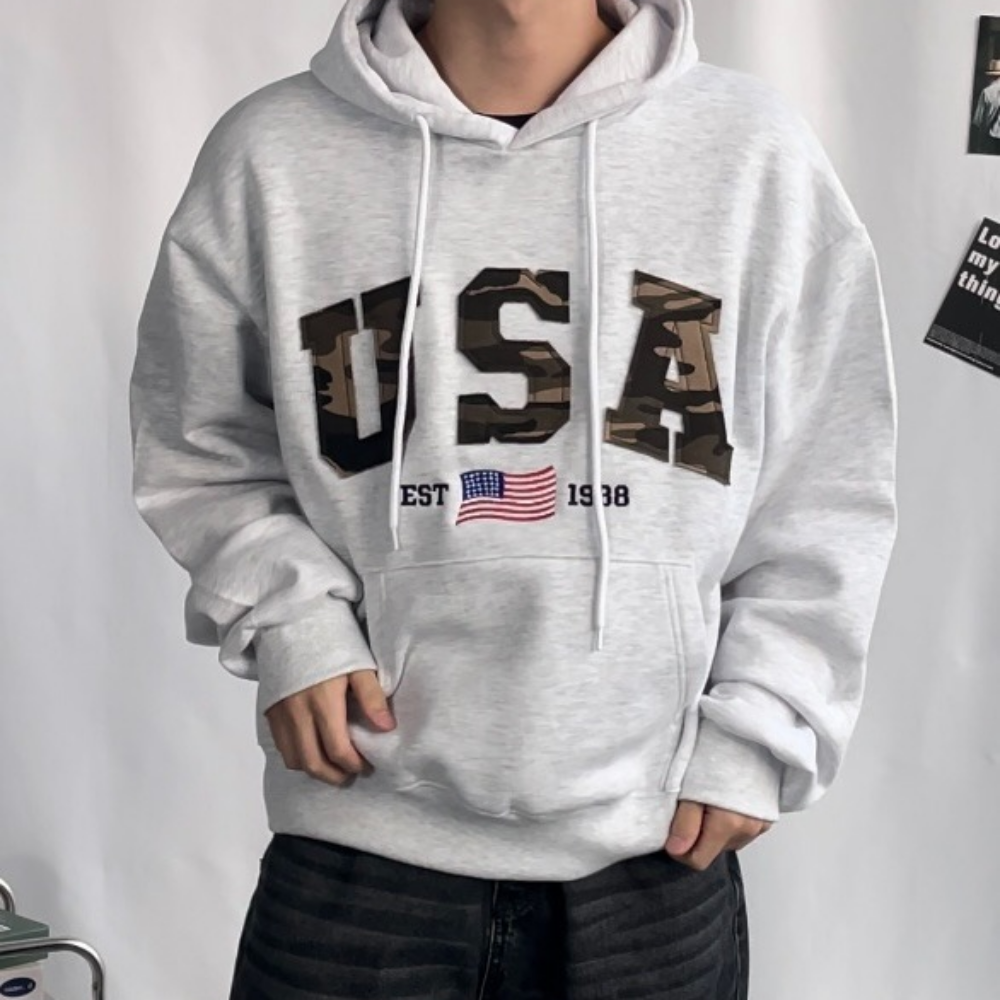 겨울 기모 버건디 후드티 남녀공용 레터링 프린팅 후드 티셔츠 무지 USA 자수 패치 이미지 8