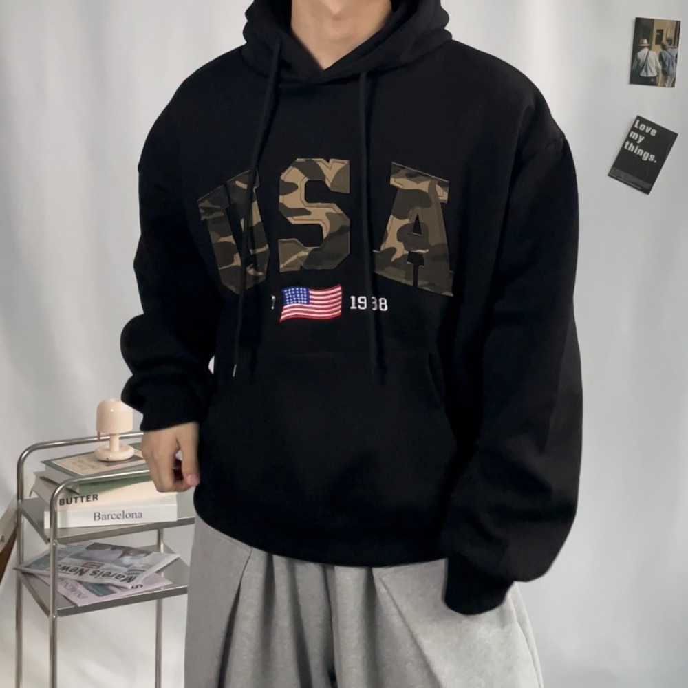 겨울 기모 버건디 후드티 남녀공용 레터링 프린팅 후드 티셔츠 무지 USA 자수 패치 - 상세 이미지 3