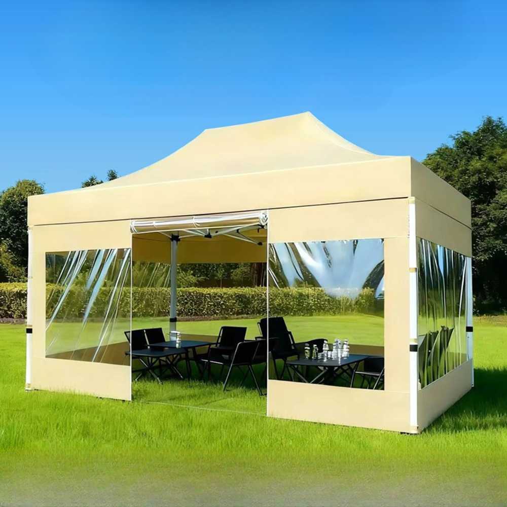 천막 바람막이 투명 방풍막 야외활동 캠핑 바람차단 2x3m (4면투명+개방 카키 자동) - 상세 이미지 3