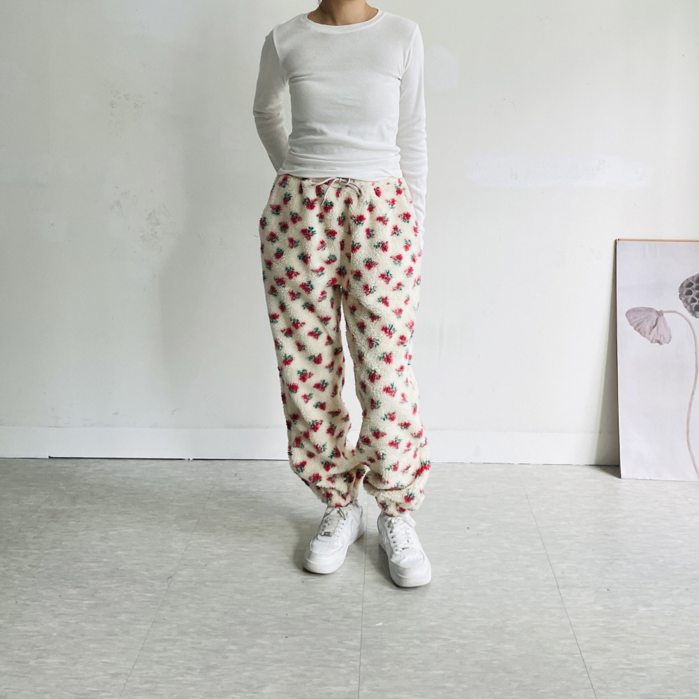 뽀글이바지 여성방한바지 양털 키작녀 플라워 조거 겨울 조거 팬츠 - 상세 이미지 3