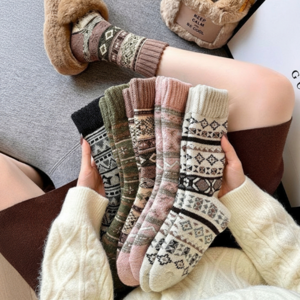 5켤레 세트 여자 겨울 어그부츠 양말 도톰한 노르딕 체크 빈티지 털 중목 삭스