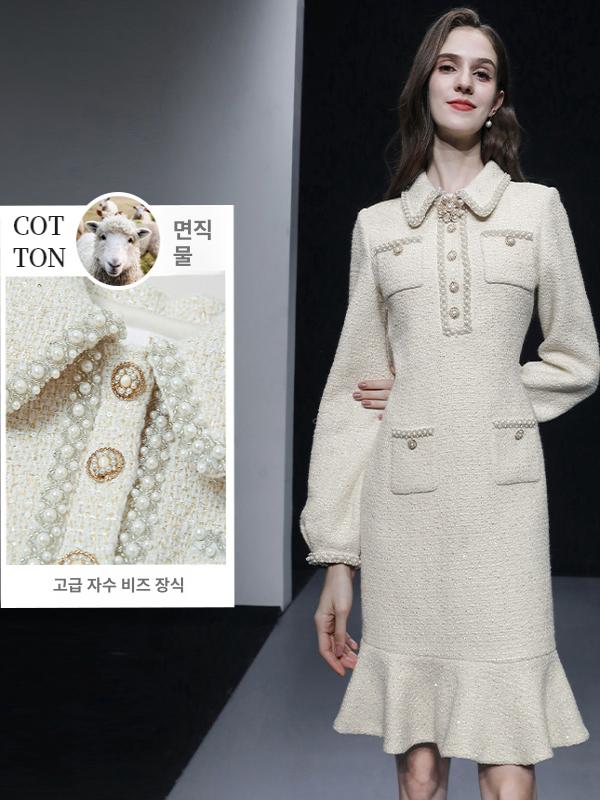 가을 겨울 화이트 미니 트위드 원피스 결혼식 하객룩 신부예복 애프리콧 A S - 상세 이미지 3