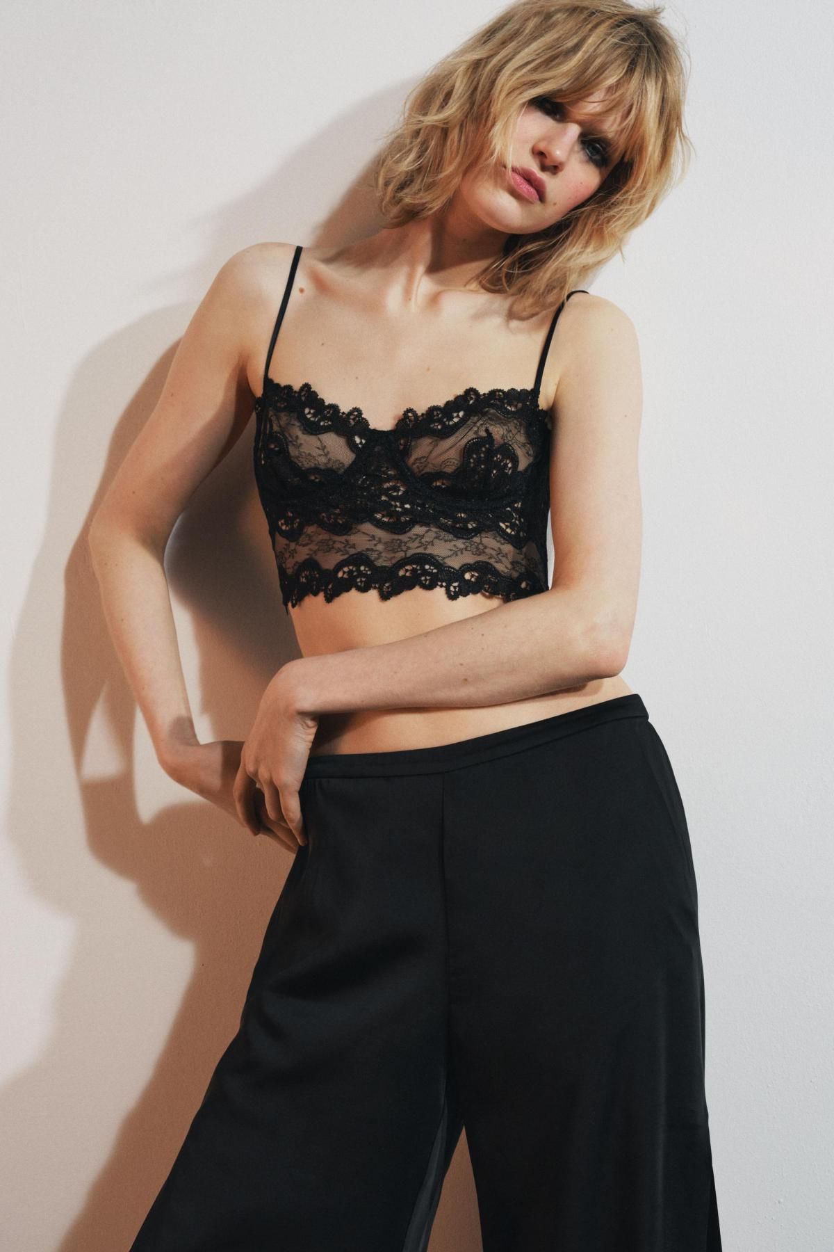 자라 새틴 하이웨이스트 레이스 와이드 팬츠 5344/612 BLACK - 상세 이미지 5