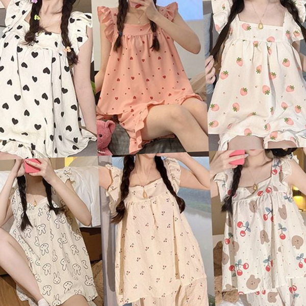 프릴 여성 여름 잠옷 나시 여자 반팔 잠옷 파자마 반바지 - 메인 이미지
