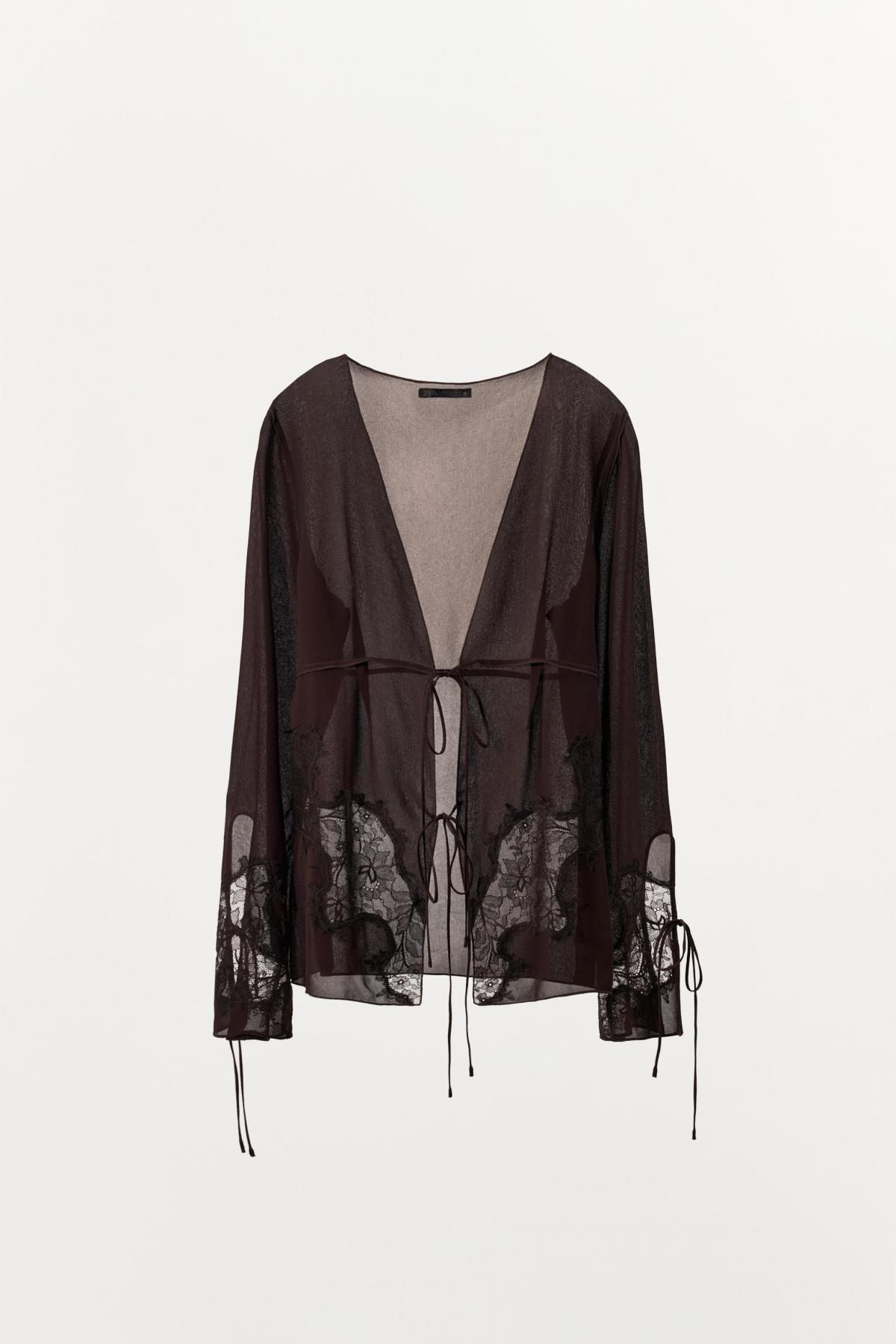 자라 시스루 조젯 레이스 리본 셔츠 1067/650 DARK BROWN - 상품 이미지