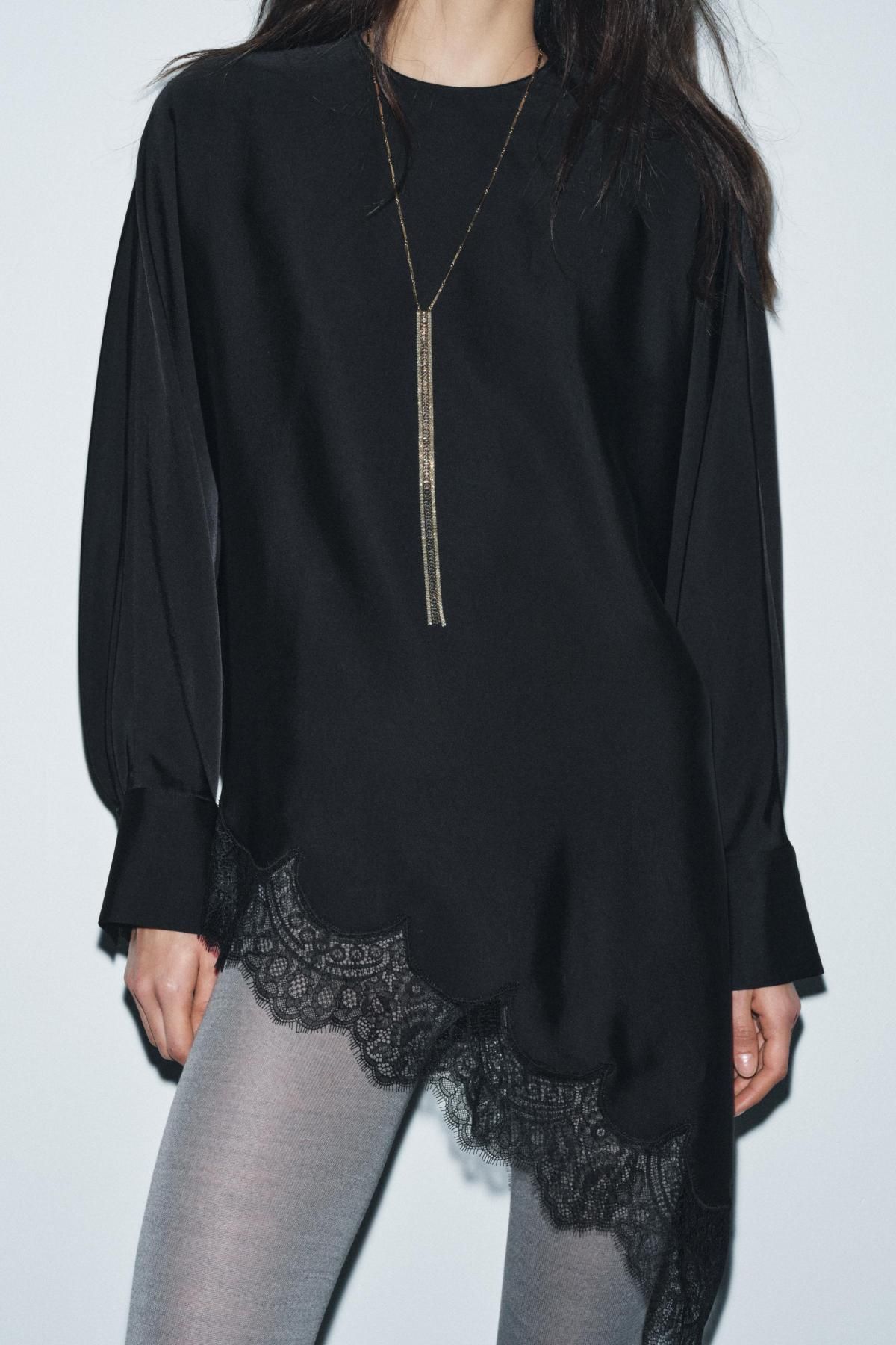 자라 한정판 비스코스 비대칭 레이스 블라우스 9663/100 BLACK - 상세 이미지 3