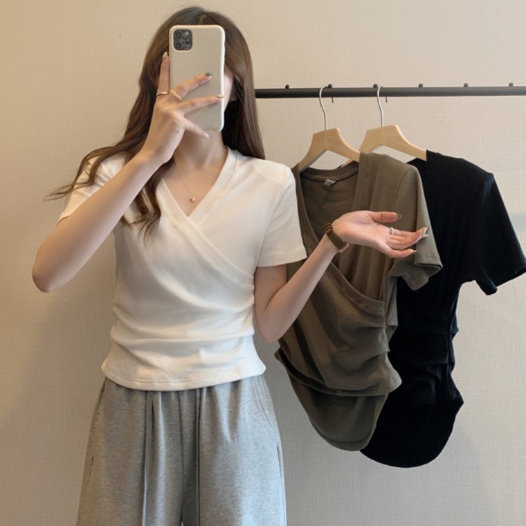 여자 무지 티셔츠 브이넥 셔링 면 모달 기본 반팔티 - 상품 이미지