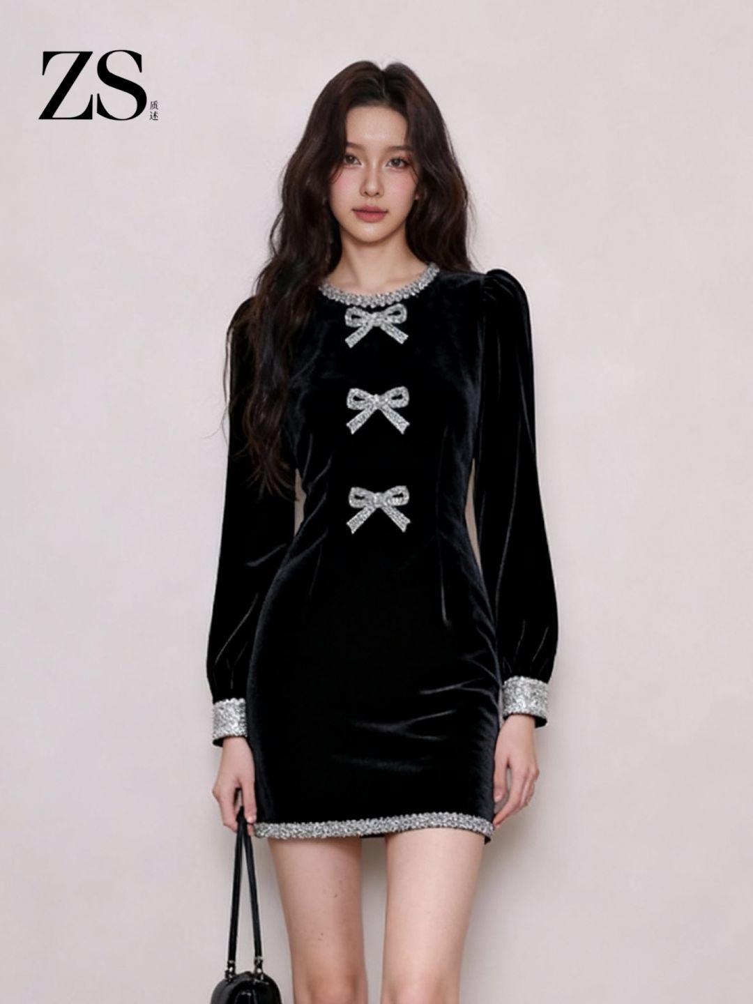 럭셔리 겨울 결혼식 하객룩 연말 파티룩 블랙 큐빅 리본 벨벳 미니 원피스 블랙 드레스 S - 상세 이미지 3