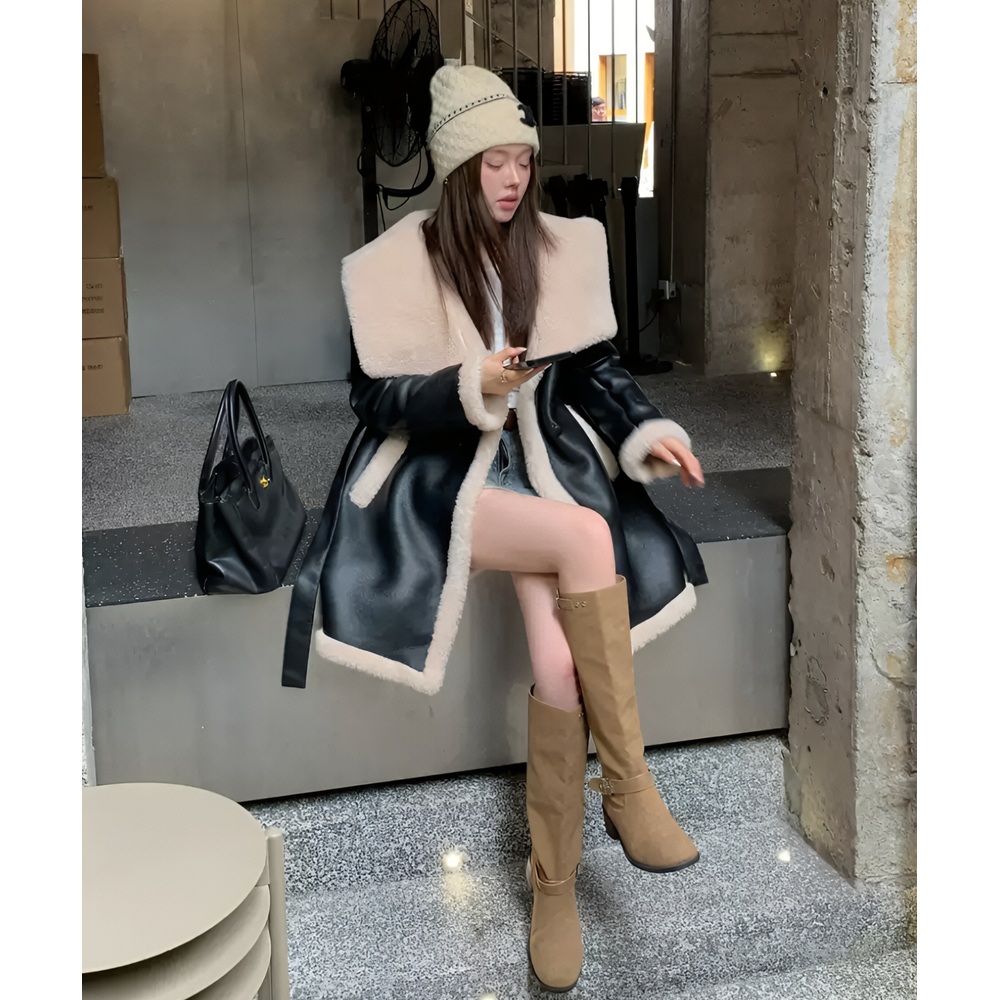 와이드 카라 퍼무스탕 양모 하프코트 2color - 상세 이미지 2