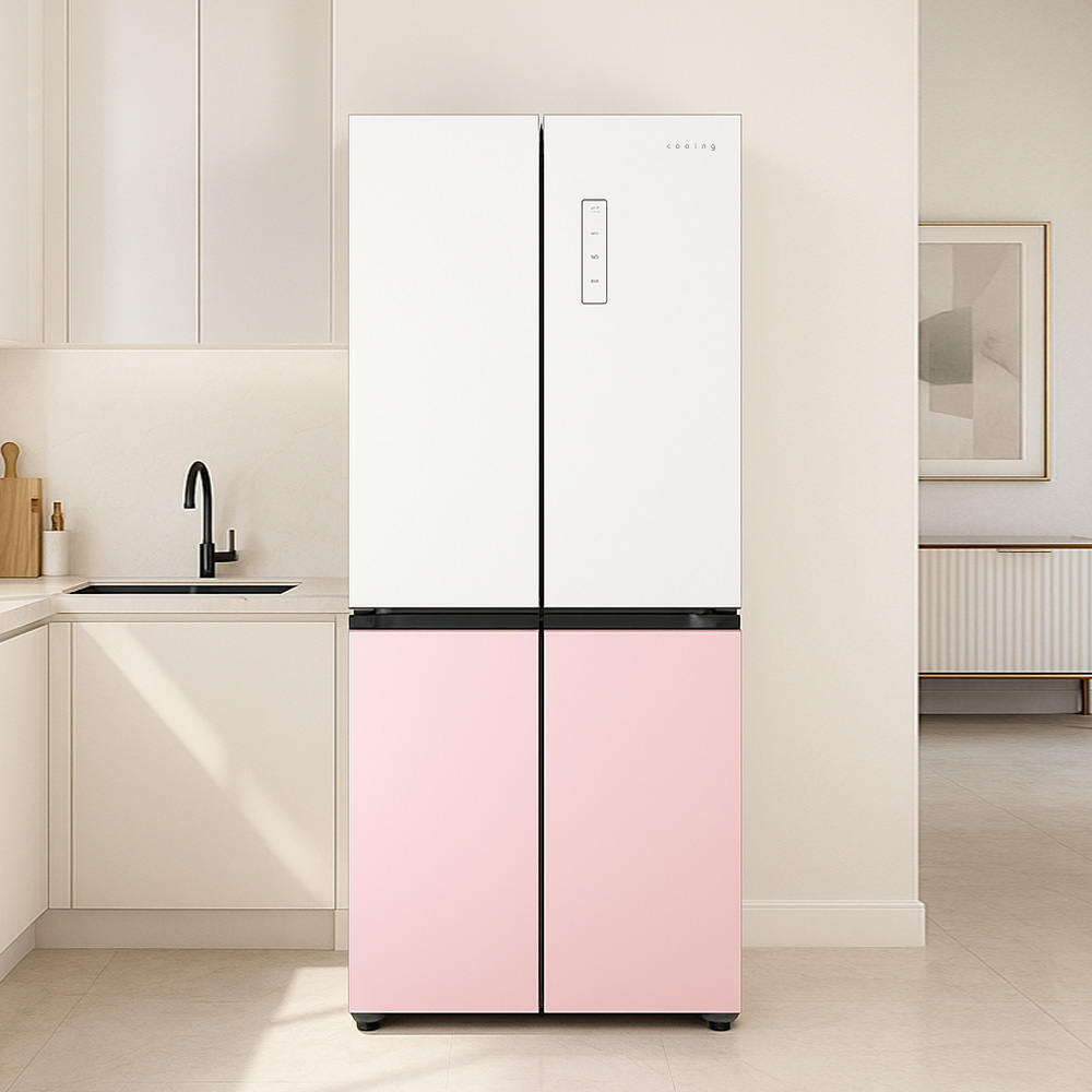 쿠잉 4도어 양문형냉장고 MD405 대용량 저소음 신혼 프리스탠딩 화이트핑크 제품 이미지