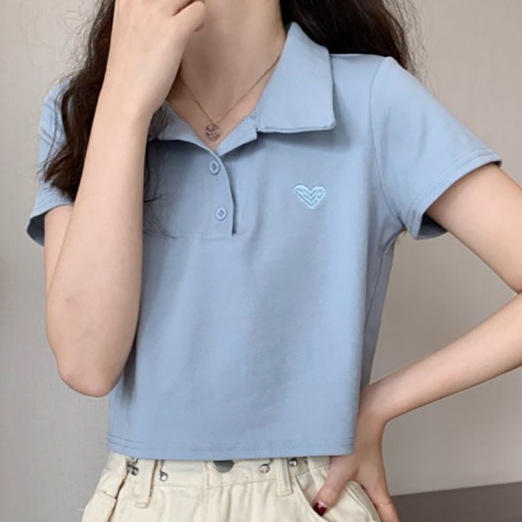 하트 자수 카라 캡소매 크롭 반팔티 NF-10 - 상품 이미지