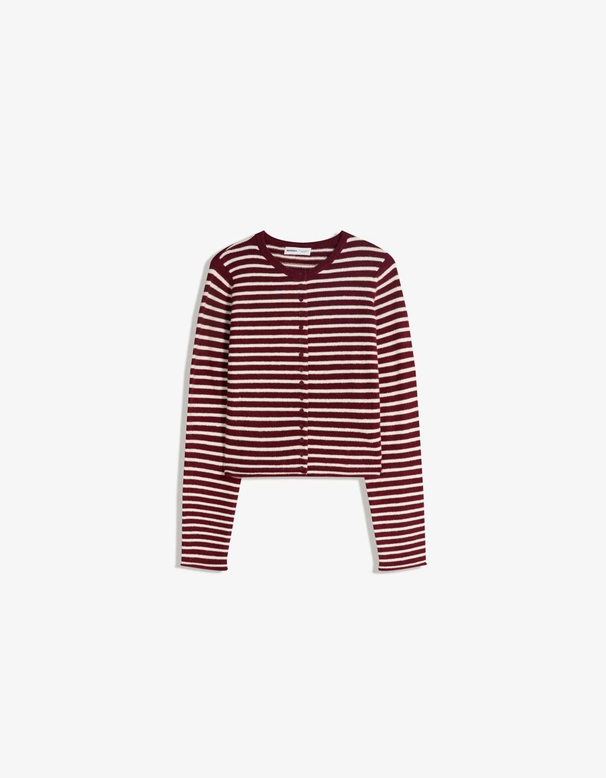 버쉬카 스트라이프 크롭 니트 브이넥 카디건 0011/097 BURGUNDY - 상품 이미지
