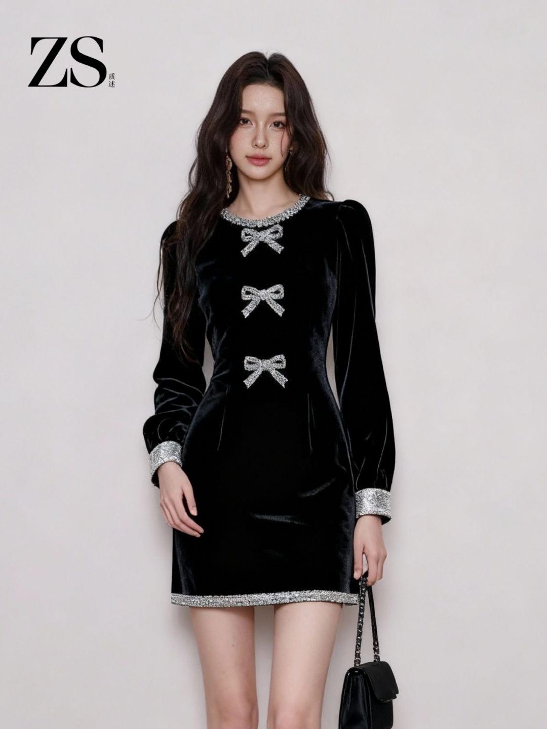 럭셔리 겨울 결혼식 하객룩 연말 파티룩 블랙 큐빅 리본 벨벳 미니 원피스 블랙 드레스 S - 메인 이미지