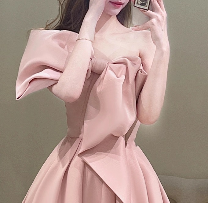 리본 튜브탑 파티드레스 핑크 플레어 프로필촬영 기념촬영 셀프웨딩드레스 - 상세 이미지 2