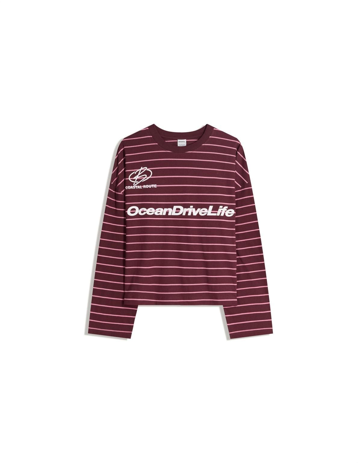 버쉬카 스트라이프 오버핏 프린트 긴팔 티셔츠 0988/033 BURGUNDY - 상품 이미지
