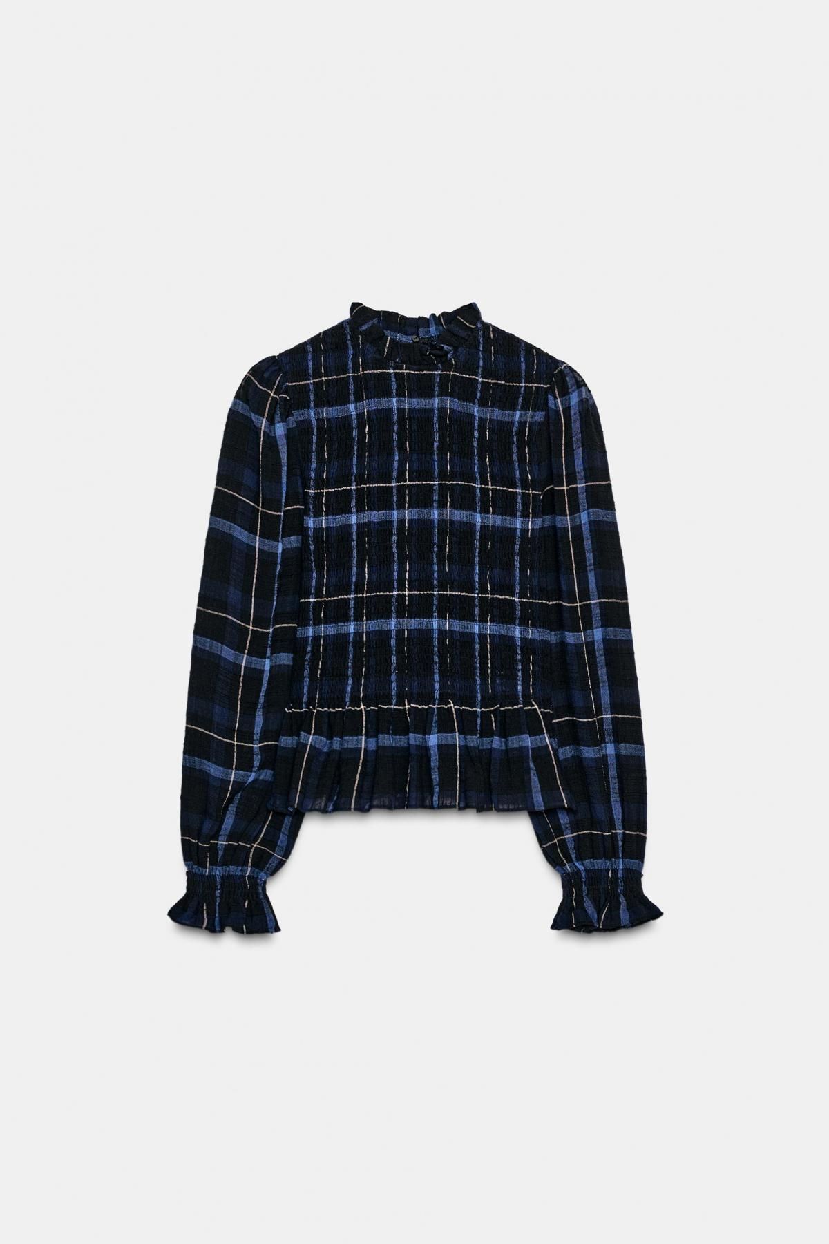 자라 체크 스모크 러플 긴팔 블라우스 9599/145 BLUE / NAVY - 상품 이미지
