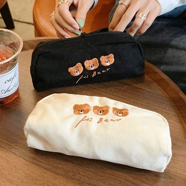귀여운 곰돌이 필통 캐릭터 자수 필통 넉넉한 펜슬 파우치 - 메인 이미지