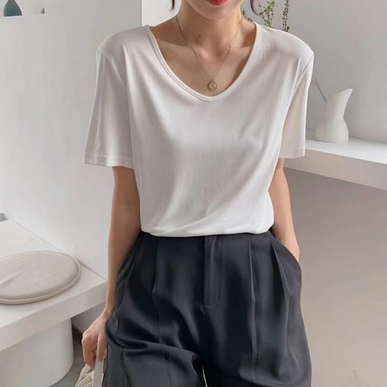 오뜨모드 여성 브이넥 반팔티 루즈핏 모달티셔츠 여름 데일리 이너 쿨링 반팔 기본티 - 상품 이미지