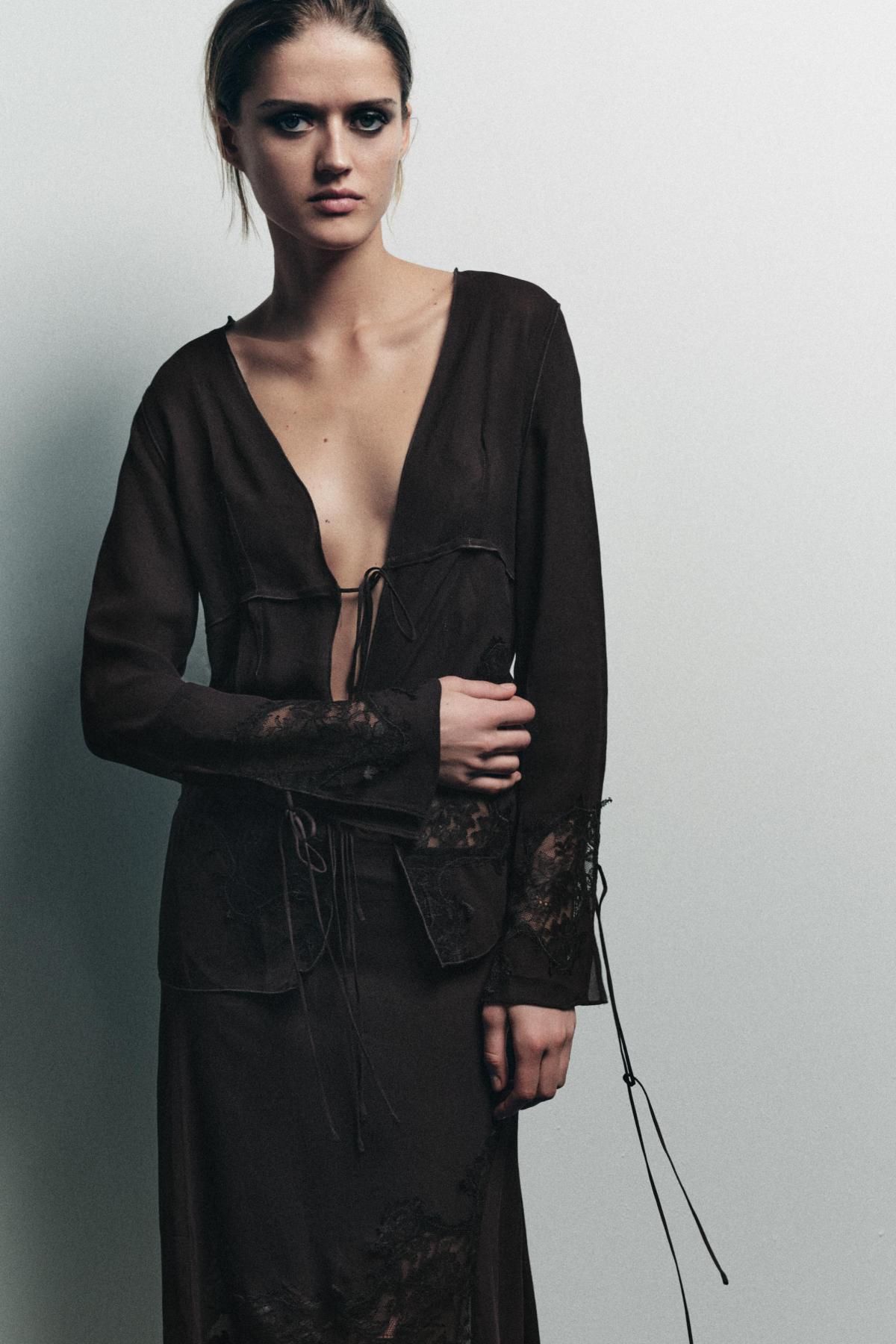 자라 시스루 조젯 레이스 리본 셔츠 1067/650 DARK BROWN - 상세 이미지 3