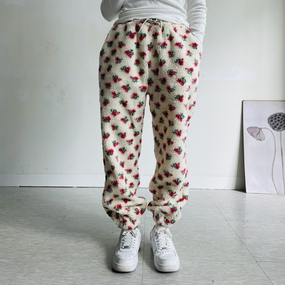 뽀글이바지 여성방한바지 양털 키작녀 플라워 조거 겨울 조거 팬츠 - 상품 이미지