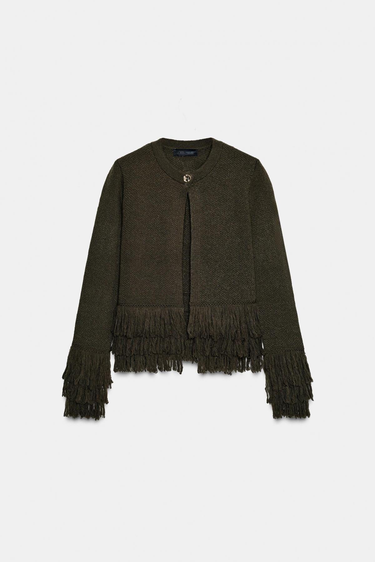 자라 프린지 디테일 라운드넥 니트 카디건 6427/109 KHAKI - 상품 이미지