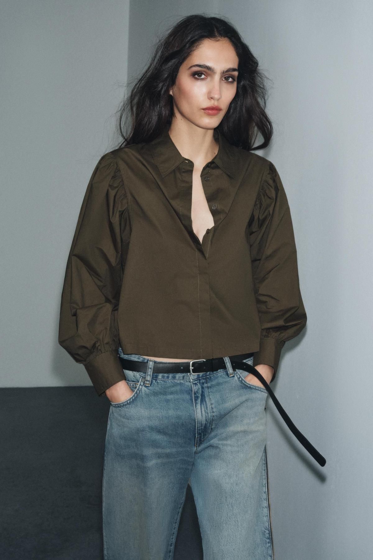 자라 퍼프슬리브 테크니컬 코튼 셔츠 2731/182 KHAKI - 상세 이미지 5