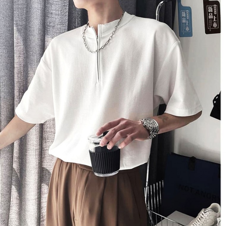 오버핏 정장 캐주얼 지퍼넥 남성 반팔 티셔츠 XL XXL - 상품 이미지