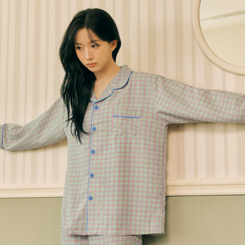 DOSSY 코튼라이크 푸키 긴팔 파자마 남녀공용 커플 잠옷 세트 2PACK