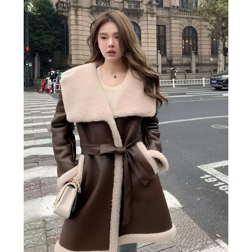 와이드 카라 퍼무스탕 양모 하프코트 2color - 상품 이미지
