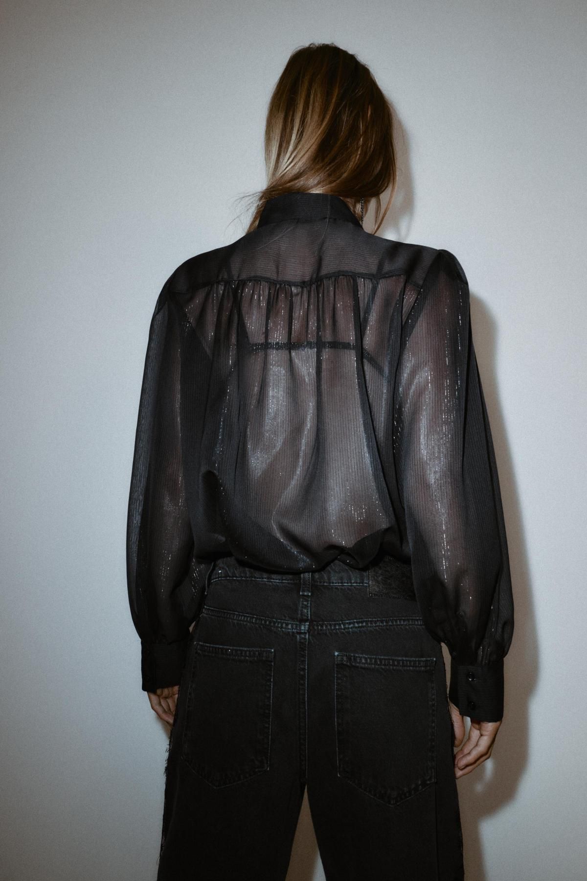 자라 시스루 메탈릭 러플 비즈 블랙 셔츠 9090/908 BLACK - 상세 이미지 5