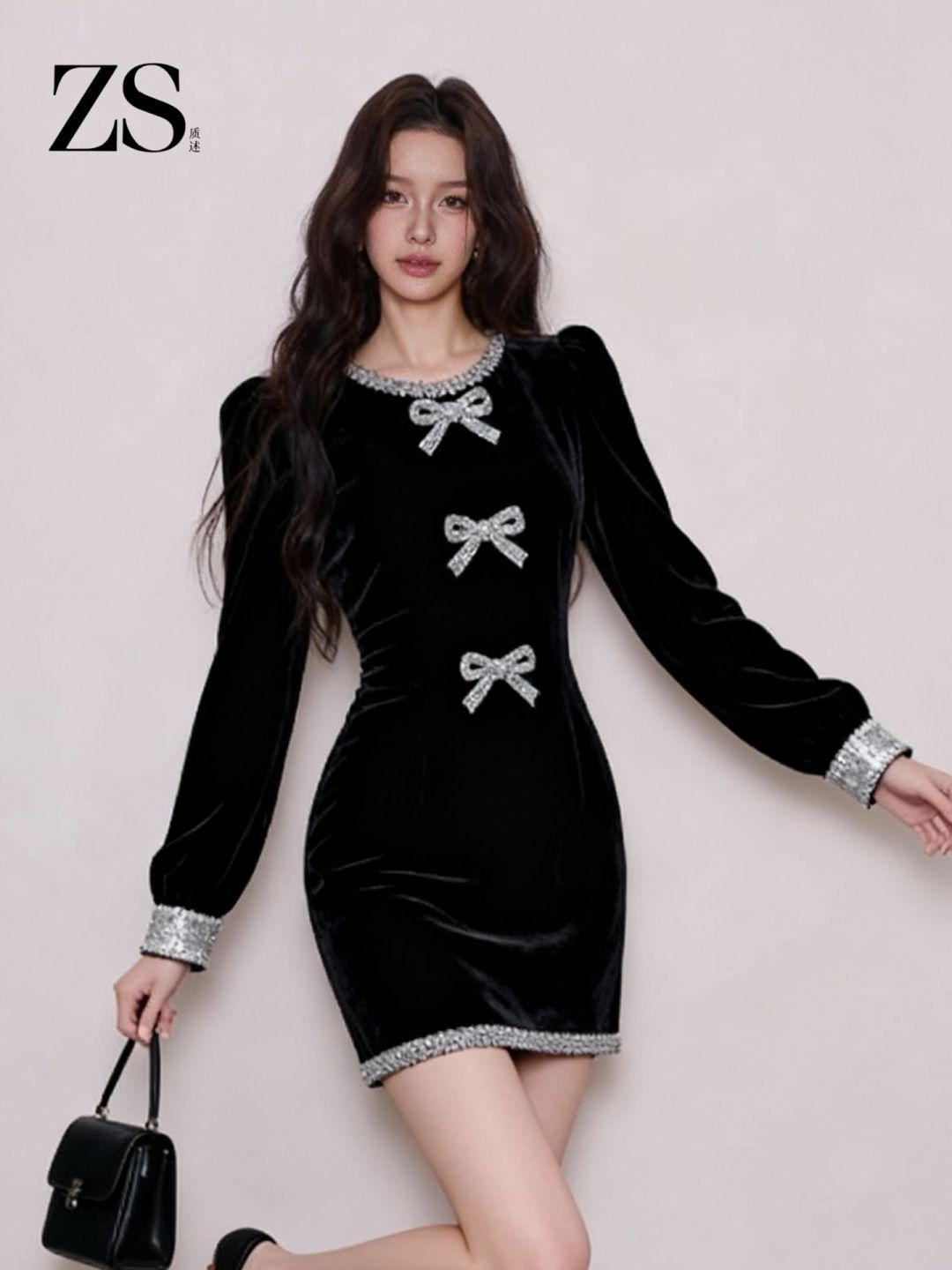 럭셔리 겨울 결혼식 하객룩 연말 파티룩 블랙 큐빅 리본 벨벳 미니 원피스 블랙 드레스 S - 상세 이미지 4