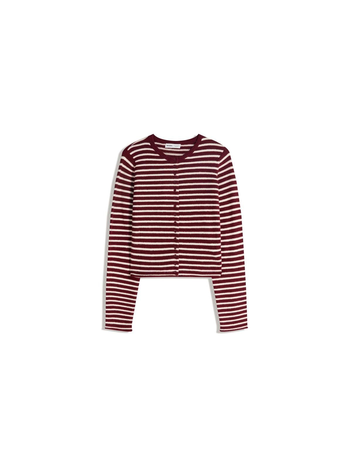 버쉬카 스트라이프 크롭 니트 브이넥 카디건 0011/097 BURGUNDY - 상세 이미지 3