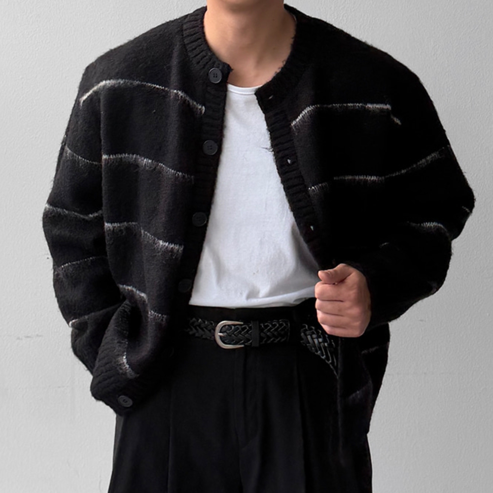 남자 튜어 루즈 오버핏 두꺼운 브러쉬 단가라 가디건 - 상품 이미지