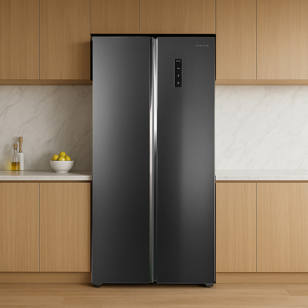 쿠잉 2도어 양문형냉장고 SBS410 대용량 저소음 신혼 프리스탠딩 다크메탈