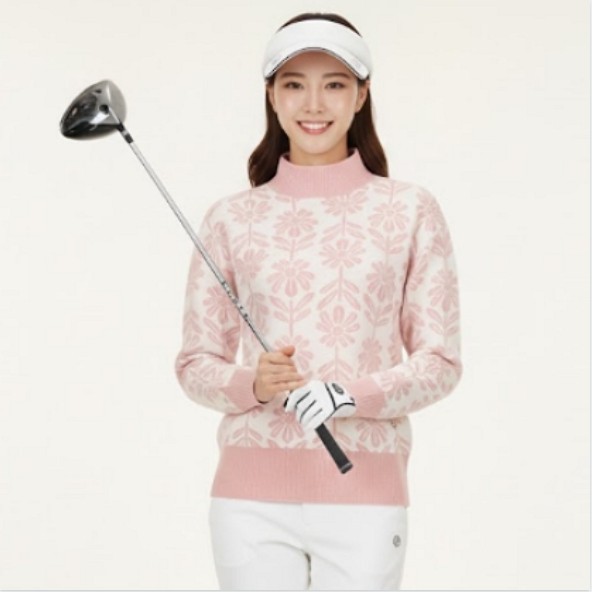 슈페리어 여성 겨울 스웨터 플라워 패턴 오버핏 골프웨어 니트 티셔츠 - 상품 이미지