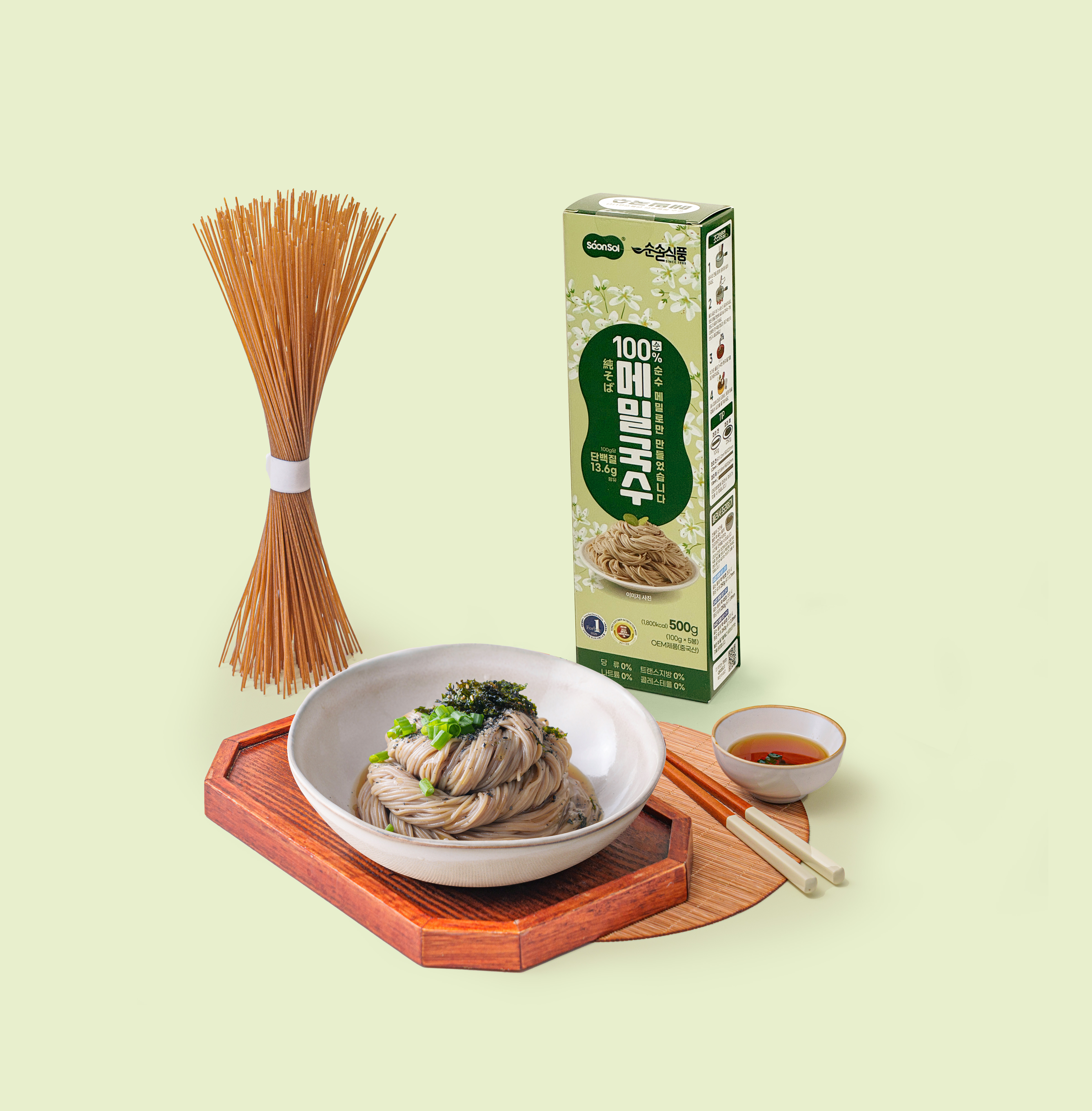 순솔 100% 메밀국수 500g 1박스 (100g x 5봉) 메밀면 소바 비건 글루텐프리 제로당 고단백 - 상품 이미지