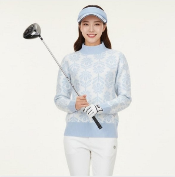 슈페리어 여성 겨울 스웨터 플라워 패턴 오버핏 골프웨어 니트 티셔츠 - 상품 이미지