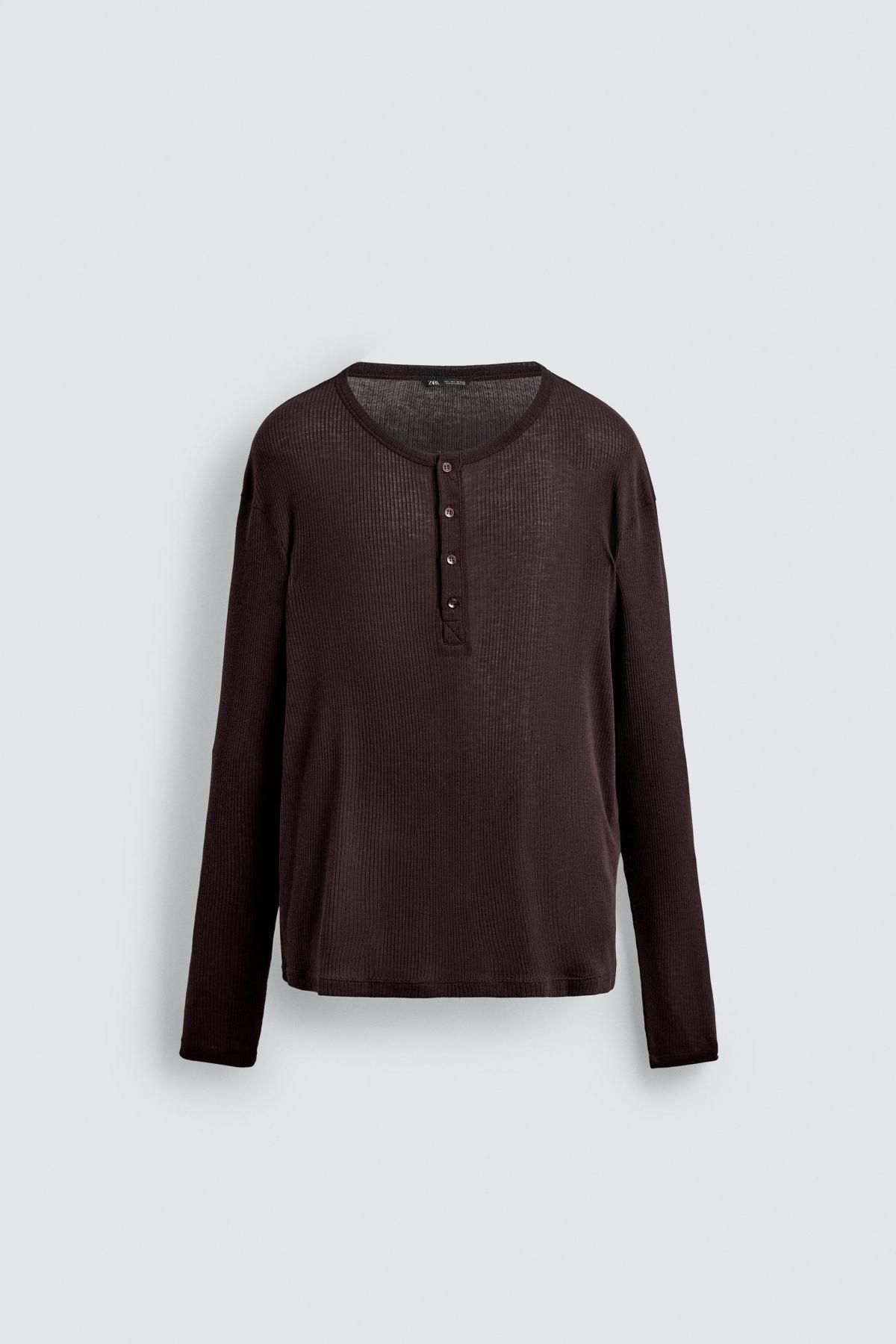 자라 테크니컬 라운드 헨리넥 긴팔 티셔츠 0722/400 BURGUNDY - 상품 이미지