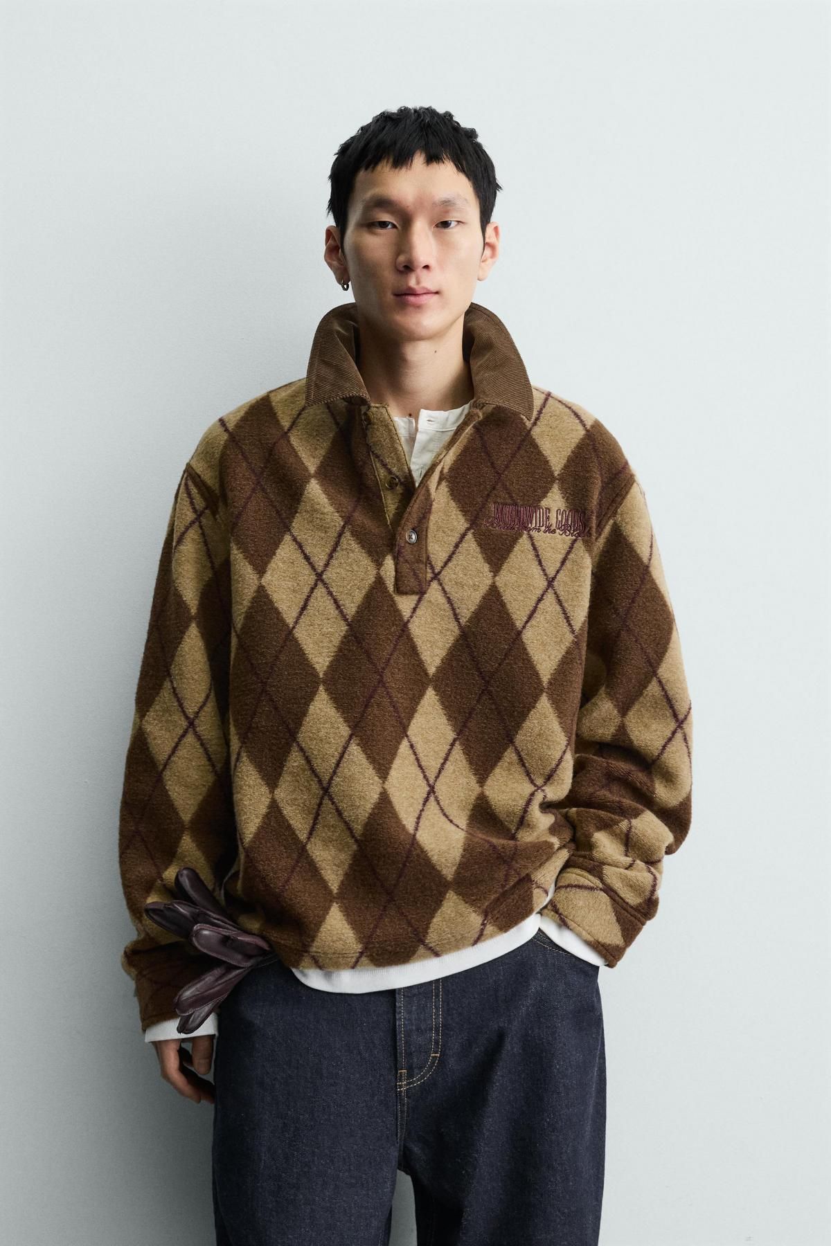 자라 아가일 브라운 텍스처 긴팔 폴로셔츠 5644/378 MULTICOLOURED - 상세 이미지 3
