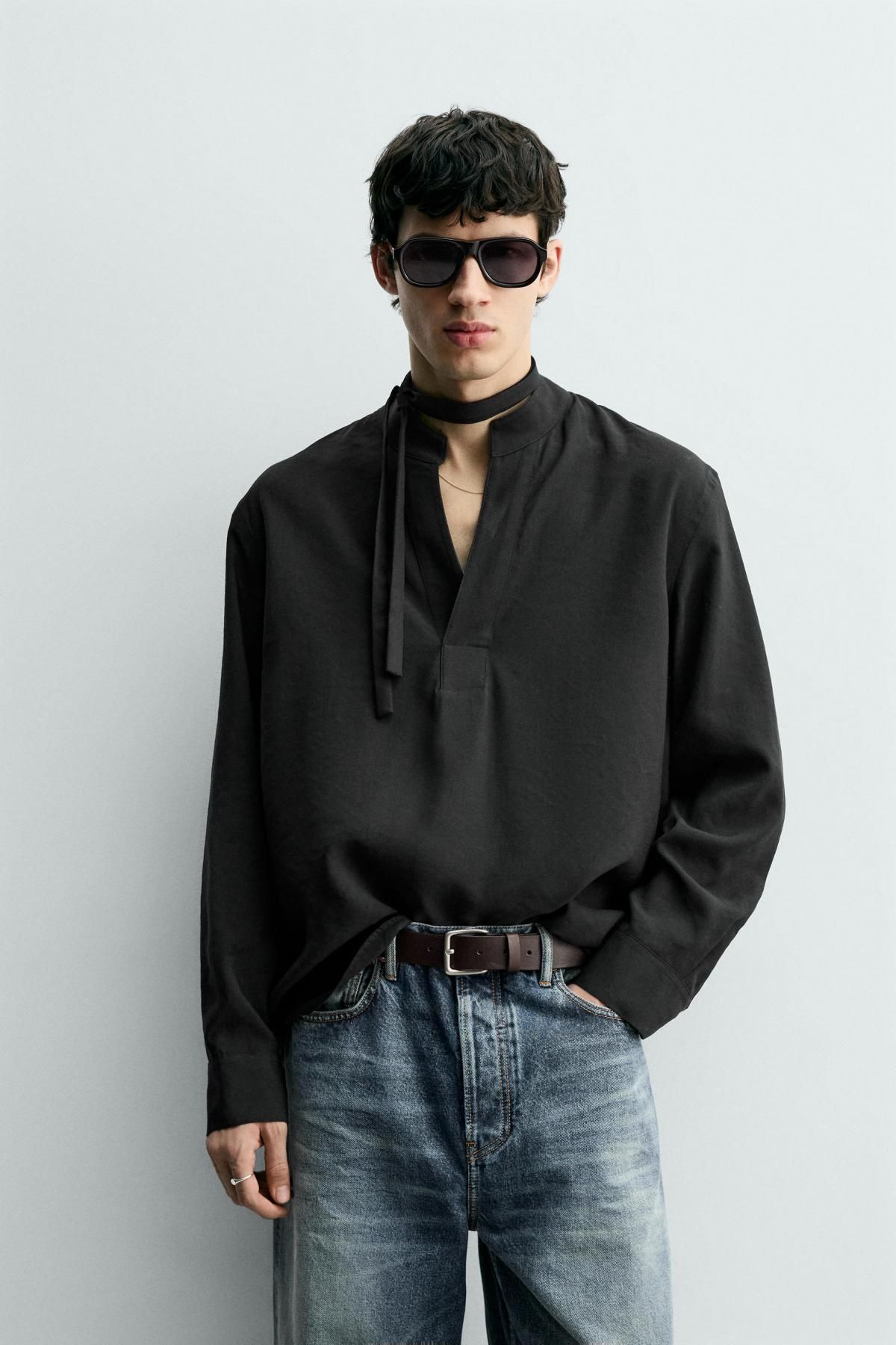 자라 모달블렌드 밴드카라 긴팔 셔츠 0706/390 BLACK - 상세 이미지 3