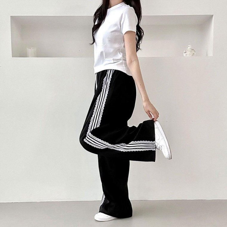 트랙 추리닝 바지 여성 와이드 팬츠 레이스 홈웨어 - 상품 이미지