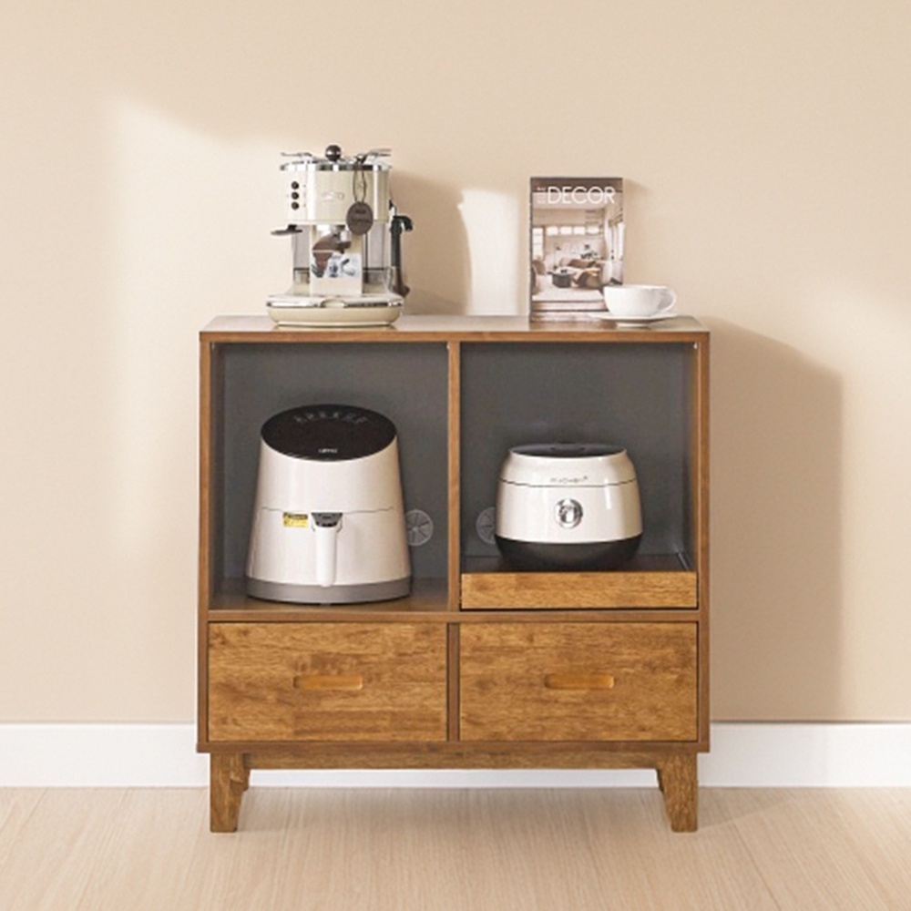 레티노 밥솥장 전자레인지 에어프라이어 밥솥레일 슬라이딩 선반 900x400x876mm, 2단, 고무나무월넛