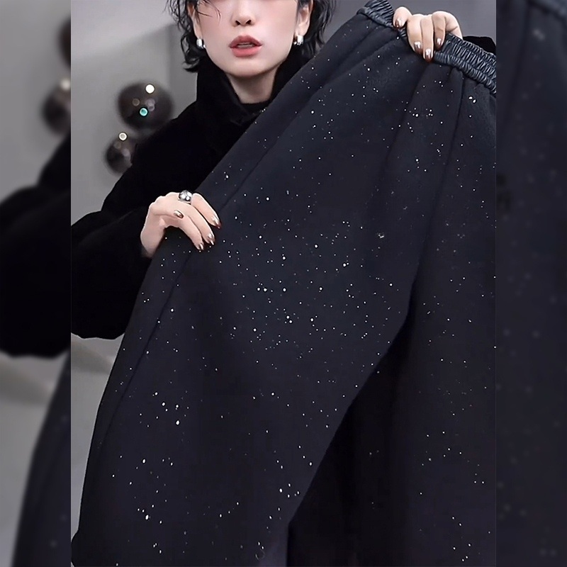 여자 스팽글 벌룬팬츠 밴드 항아리바지 와이드팬츠 기모 커브드팬츠 겨울 가을 코튼 여성 핀턱 - 상세 이미지 2