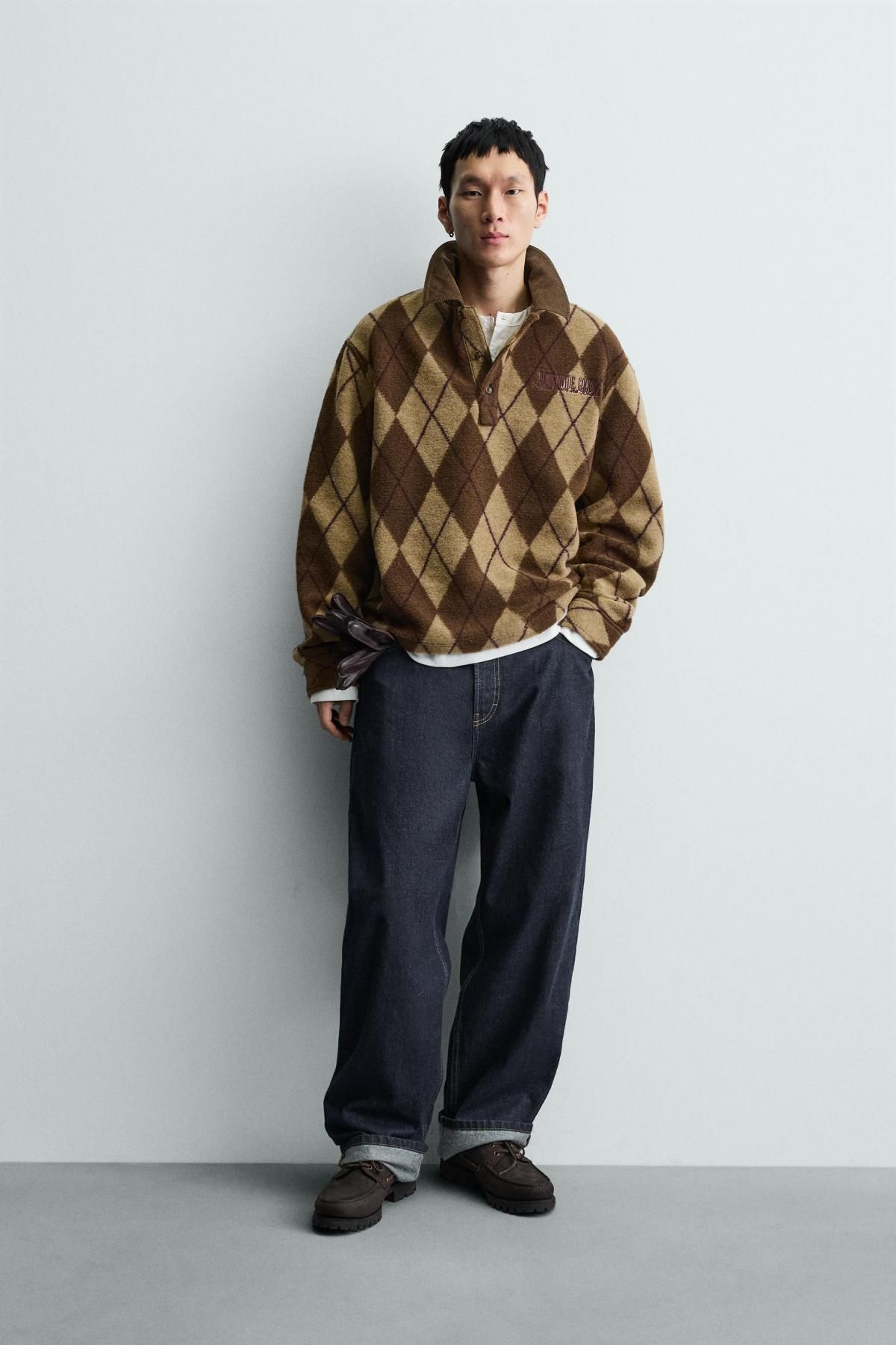 자라 아가일 브라운 텍스처 긴팔 폴로셔츠 5644/378 MULTICOLOURED - 상세 이미지 2