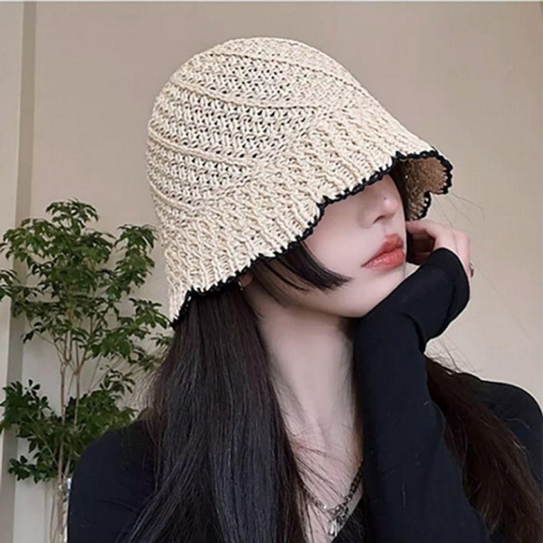물결 배색 밀짚 벙거지 여성 모자 버킷햇 휴가 왕골 물결 여름 모자 왕골 버킷햇 밀짚 챙 - 상품 이미지