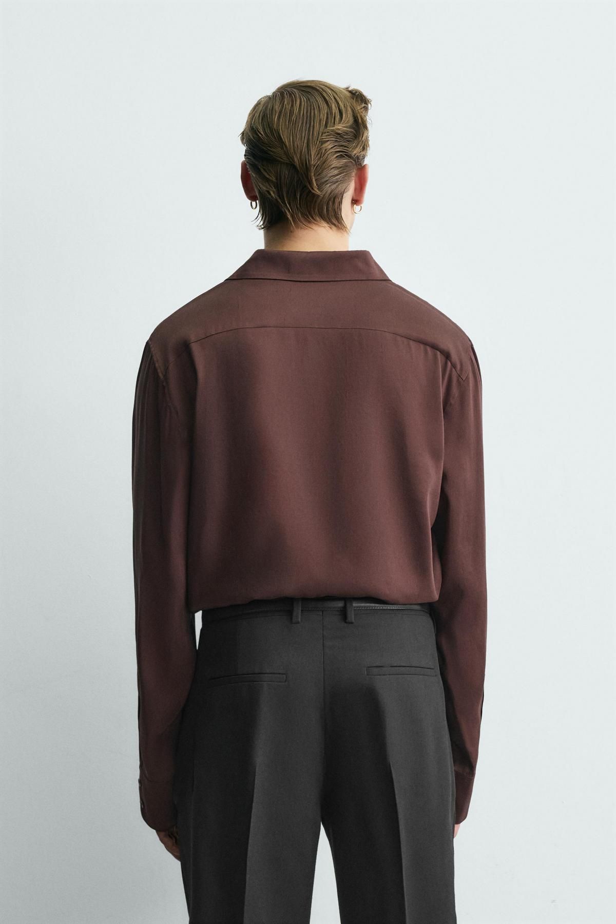 자라 프리미엄 실크 브라운 릴랙스핏 긴팔 셔츠 4344/350 BURGUNDY - 상세 이미지 4