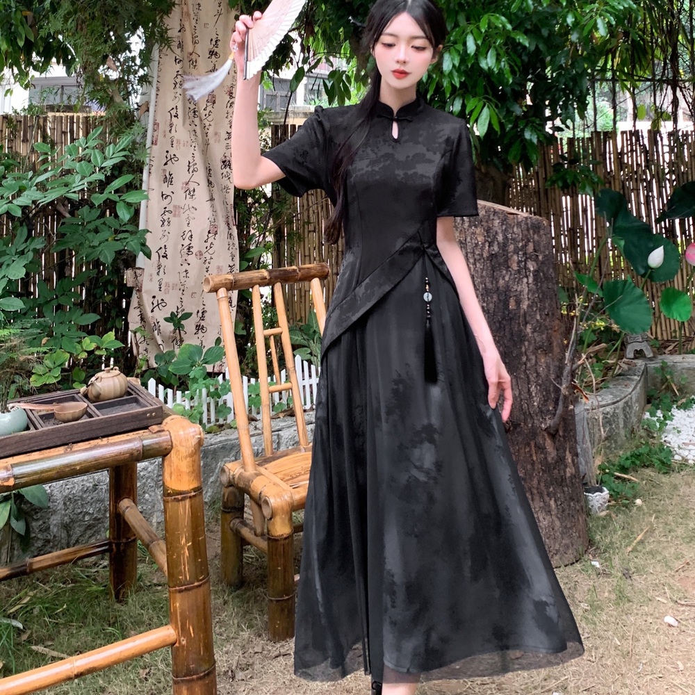 빅사이즈원피스 치파오 스타일 블랙 롱 홀복 자수 파티 중국 세트 여자봄원피스 배송 빈티지 - 상품 이미지